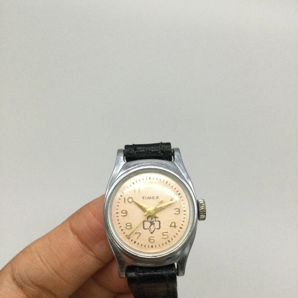 Vintage Timex Girls Scouts Watch 23mm Cream Dial Black Leather Manual Wind